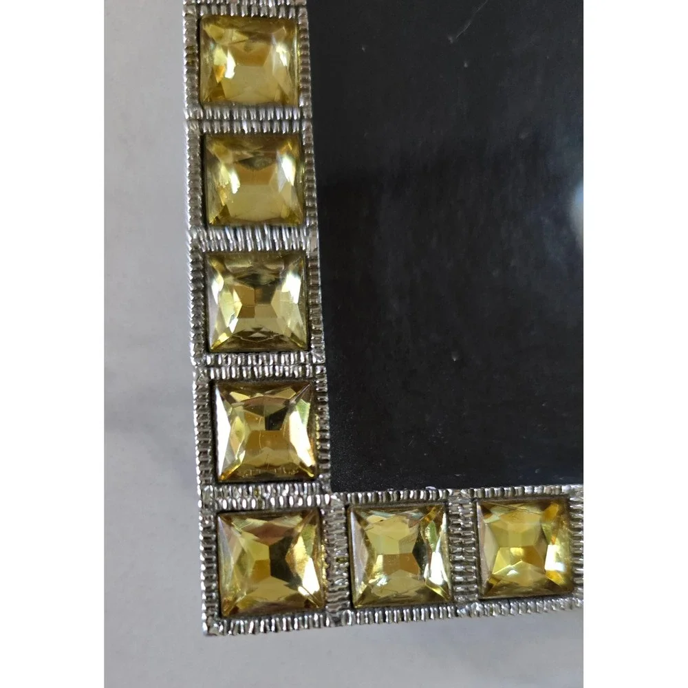 Two's‎ Company Silver Jeweled Picture Frame Yellow Citrine Crystals Velvet Back